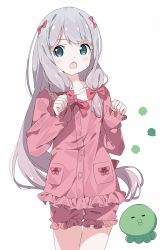 Rule 34 | 1girl, :o, blue eyes, blush, bow, commentary request, eromanga sensei, eyebrows hidden by hair, frilled shirt, frilled shorts, frills, hair bow, hands up, highres, izumi sagiri, long hair, long sleeves, looking at viewer, open mouth, pink shirt, pink shorts, red bow, shirt, short shorts, shorts, sidelocks, silver hair, simple background, sleeves past wrists, solo, stuffed animal, stuffed octopus, stuffed toy, tantan men (dragon), very long hair, white background
