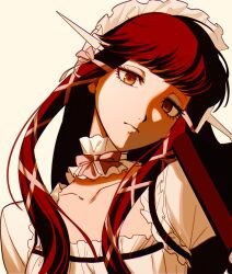 Rule 34 | 1girl, blunt bangs, closed mouth, collar, collarbone, detached collar, dress, eyelashes, flat chest, frilled collar, frilled hairband, frilled sleeves, frills, hair ornament, hair ribbon, hairband, head tilt, highres, langle l, long hair, looking at viewer, persona, persona 3, red hair, ribbon, sidelocks, simple background, solo, upper body, white dress, white hairband, white ribbon, yellow eyes, yoshino chidori