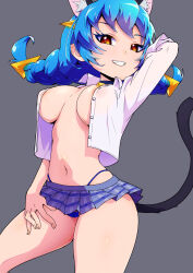 Rule 34 | 1girl, absurdres, animal ears, areola slip, blue hair, braid, breasts, cat ears, cat girl, cat tail, extra ears, grin, hair ornament, highres, large breasts, looking at viewer, low twin braids, low twintails, microskirt, navel, no bra, open clothes, orange eyes, pointy ears, precure, ryuuta (cure ryuuta), skirt, smile, solo, standing, star twinkle precure, tail, thong, twin braids, twintails, yuni (precure)