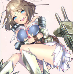 Rule 34 | 10s, 1girl, blue eyes, breasts, brown hair, gloves, hair ornament, headgear, highres, kantai collection, large breasts, maya (kancolle), open mouth, personification, pleated skirt, school uniform, short hair, skirt, sleeveless, solo, torn clothes, yanyo (ogino atsuki)