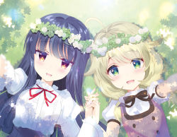 Rule 34 | 2girls, :d, ahoge, black bow, black hair, blonde hair, blurry, blush, bow, brown dress, commentary request, day, depth of field, dress, flower, flower wreath, from above, grass, green eyes, hair between eyes, head wreath, holding hands, idolmaster, idolmaster cinderella girls, interlocked fingers, juliet sleeves, long hair, long sleeves, looking at viewer, lying, multiple girls, neck ribbon, on back, on grass, open mouth, outstretched arm, puffy sleeves, purple skirt, red eyes, red ribbon, ribbon, sajo yukimi, shade, shirt, skirt, sleeveless, sleeveless dress, smile, takashina asahi, upper body, very long hair, white flower, white shirt, yusa kozue