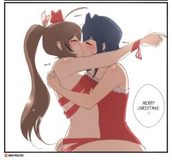 Rule 34 | 2girls, ahoge, anyacchi, arm on another&#039;s shoulder, bare shoulders, belly-to-belly, blue hair, blush, border, bow, bracelet, breasts, brown hair, english text, feather hair, feathers, french kiss, from side, fur, fur-trimmed leotard, fur trim, hair bow, hair intakes, hand on another&#039;s ass, hand on another&#039;s back, heart, highres, hololive, hololive english, hug, jewelry, kiss, large breasts, leg lock, long hair, medium breasts, medium hair, merry christmas, multicolored hair, multiple girls, mutual hug, naked ribbon, nanashi mumei, ouro kronii, patreon username, ponytail, red bow, red ribbon, ribbon, ribbon bra, santa costume, simple background, speech bubble, standing, standing leg lock, streaked hair, virtual youtuber, white background, white border, yuri
