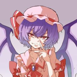 Rule 34 | 1girl, ascot, bat wings, bow, brooch, closed mouth, collared shirt, fang, fang out, gradient background, grey background, gumi (fwjn7284), hair between eyes, hat, hat ribbon, highres, jewelry, looking at viewer, mob cap, pink hat, pink shirt, purple hair, red ascot, red bow, red eyes, red ribbon, remilia scarlet, ribbon, shirt, short hair, short sleeves, solo, touhou, upper body, wings