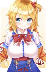 Rule 34 | 1girl, akai haato, akai haato (1st costume), blonde hair, blue eyes, blush, breasts, commentary, hair ornament, hair ribbon, heart, heart hair ornament, hololive, large breasts, long hair, ribbon, simple background, smile, solo, suzuka pen, virtual youtuber
