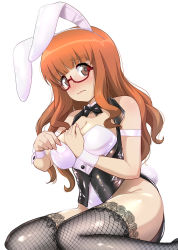 Rule 34 | 1girl, :|, absurdres, adjusting clothes, adjusting leotard, animal ears, bare shoulders, blunt bangs, blush, bow, bowtie, breasts, brown eyes, brown hair, closed mouth, commentary request, fake animal ears, fake tail, fishnet thighhighs, fishnets, from side, girls und panzer, glasses, highres, kneeling, large breasts, leotard, long hair, looking at viewer, orange hair, playboy bunny, rabbit tail, red-framed eyewear, semi-rimless eyewear, shiina excel, simple background, tail, takebe saori, thighhighs, under-rim eyewear, vest, wavy mouth, white background, wrist cuffs