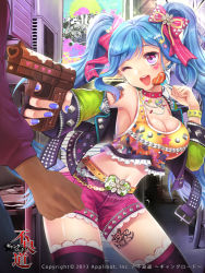 Rule 34 | 1girl, bad id, bad pixiv id, black thighhighs, blue hair, blue nails, blush, bow, bracelet, breasts, candy, cleavage, collar, company name, food, furyou michi ~gang road~, gun, hair bow, heart, heart tattoo, holding, holding candy, holding food, holding gun, holding lollipop, holding weapon, jewelry, large breasts, lollipop, long hair, looking at another, nail polish, one eye closed, open mouth, pink bow, purple eyes, smile, tattoo, teeth, thighhighs, twintails, weapon, yeonwa
