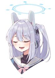 Rule 34 | 1girl, animal ears, blue archive, blue halo, blush, braid, closed eyes, fake animal ears, grey hair, halo, highres, long hair, miyako (blue archive), muo (muojjang 0929), one side up, open mouth, portrait, rabbit ears, sailor collar, simple background, smile, solo, white background, white sailor collar