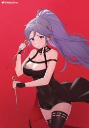 Rule 34 | alternate costume, black dress, black thighhighs, breasts, commission, commissioner upload, cosplay, dress, fire emblem, fire emblem: genealogy of the holy war, fire emblem heroes, highres, ishtar (fire emblem), long hair, nessu (nnn07897), nintendo, purple eyes, purple hair, red background, simple background, spy x family, thighhighs, weapon, yor briar