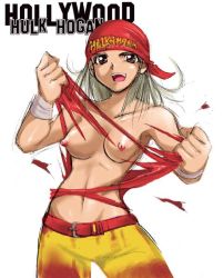 Rule 34 | 1girl, bandana, belt, breasts, brown eyes, character name, clothes writing, gender request, genderswap, hulk hogan, kaiga, navel, nipples, open mouth, red bandana, simple background, smile, solo, torn clothes, white background, wwe