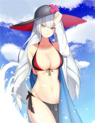 Rule 34 | 1girl, arata (noneetyesnito), bare shoulders, bikini, black bikini, black headwear, blue sky, blunt bangs, breasts, cleavage, closed mouth, collarbone, cowboy shot, dark persona, day, fate/grand order, fate (series), hair between eyes, hat, highres, large breasts, long hair, looking at viewer, marie antoinette (alter) (fate), marie antoinette (fate), navel, off shoulder, outdoors, pale skin, sarong, shawl, silver hair, single sleeve, sky, smile, standing, sun hat, swimsuit, thighs, twintails, very long hair, yellow eyes