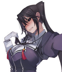 Rule 34 | 1girl, absurdly long hair, black hair, blush, breasts, brown eyes, gloves, highres, kantai collection, large breasts, long hair, long sleeves, mil (xration), military, military uniform, nachi (kancolle), nachi kai ni (kancolle), nose blush, side ponytail, simple background, solo, uniform, upper body, very long hair, white background, white gloves