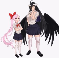 Rule 34 | 2girls, albedo (overlord), black hair, black wings, blonde hair, blouse, bow, breasts, cleavage, closed mouth, crossed arms, full body, hair bow, highres, horns, large breasts, long hair, looking at viewer, low wings, multiple girls, open mouth, overlord (maruyama), pink hair, pleated skirt, ponytail, ranox, red eyes, school uniform, shalltear bloodfallen, shirt, shoes, short sleeves, simple background, skirt, slit pupils, smile, standing, teeth, thighhighs, upper teeth only, very long hair, white background, white legwear, white shirt, wings