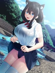 Rule 34 | 1girl, :d, alternate costume, animal ears, azur lane, black hair, blue eyes, blush, breasts, bridge, clothes lift, day, fusou (azur lane), groin, highres, large breasts, lifting own clothes, long hair, looking at viewer, mountain, oekakizuki, one-piece swimsuit, open mouth, outdoors, school uniform, shirt tucked in, skindentation, skirt, skirt lift, smile, solo, standing, stream, swimsuit, swimsuit under clothes, teeth, thighhighs, white thighhighs