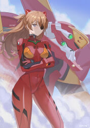 Rule 34 | 1girl, absurdres, artist name, blue eyes, blue sky, bodysuit, breasts, closed mouth, cloud, commentary, crossed arms, eva 02, evangelion: 3.0 you can (not) redo, evangelion (mecha), expressionless, eyepatch, feet out of frame, floating hair, franniexo, highres, interface headset, long hair, looking at viewer, mecha, medium breasts, neon genesis evangelion, one eye covered, orange hair, pilot suit, plugsuit, rebuild of evangelion, red bodysuit, robot, science fiction, shiny clothes, skin tight, sky, solo, souryuu asuka langley, very long hair, wide hips