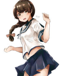 Rule 34 | 10s, 1girl, absurdres, blue skirt, braid, brown eyes, brown hair, hair over shoulder, hair ribbon, highres, kantai collection, kazu (really in hot water now), long hair, looking at viewer, midriff, navel, neckerchief, open mouth, pleated skirt, red ribbon, ribbon, sailor collar, school uniform, serafuku, short sleeves, single braid, skirt, smile, solo, uranami (kancolle)