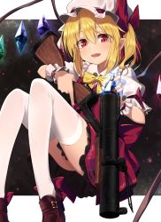 Rule 34 | 1girl, blonde hair, bow, break-action grenade launcher, break action, breasts, brown footwear, commentary, crystal, dress, fang, fingernails, flandre scarlet, footwear bow, glowing, greenkohgen, grenade launcher, gun, hat, highres, holding, holding gun, holding weapon, knees up, light blush, long fingernails, m79, medium hair, mob cap, nail polish, open mouth, pointy ears, red bow, red dress, red eyes, red nails, reloading, shoes, short sleeves, side ponytail, skin fang, smile, solo, thighhighs, touhou, trigger discipline, weapon, white background, white thighhighs, wings, wrist cuffs, yellow neckwear