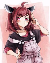 Rule 34 | 1girl, :/, ahoge, alternate costume, alternate hair color, black shirt, blade, blush, closed mouth, collarbone, commentary, contrapposto, dot nose, hand on own hip, hand up, headgear, highres, layered shirt, looking at viewer, medium hair, natsu tuna, overalls, red background, red eyes, red hair, red shirt, salute, shirt, short sleeves, sleeves rolled up, solo, suspenders, suspenders slip, swept bangs, torn clothes, torn shirt, touhoku kiritan, twintails, two-finger salute, upper body, voiceroid