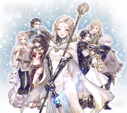 Rule 34 | 4boys, 4girls, :d, ^ ^, alfyn (octopath traveler), arm at side, arm up, armor, backpack, bag, bare shoulders, belt, black gloves, black hair, black headwear, black pants, black scarf, blonde hair, blue background, blue fire, blush, book, boots, bracer, braid, breasts, brown eyes, brown gloves, brown hair, cape, capelet, cleavage, closed eyes, closed mouth, commentary request, copyright name, cropped vest, cyrus (octopath traveler), dancer, dress, earrings, elbow gloves, expressionless, fingerless gloves, fire, forehead, frilled sleeves, frills, fringe trim, fur, fur-trimmed gloves, fur boots, fur capelet, fur trim, gauntlets, gloves, green eyes, grey cape, h&#039;aanit (octopath traveler), hair between eyes, hand on own hip, hand on own head, hat feather, high heels, highres, holding, holding book, holding staff, jewelry, knee boots, lantern, long hair, looking at viewer, looking back, low ponytail, medium breasts, medium hair, multiple boys, multiple girls, navel, necklace, octopath traveler, octopath traveler i, off shoulder, olberic eisenberg, open book, open mouth, ophilia (octopath traveler), pants, parted bangs, pauldrons, pelvic curtain, ponytail, primrose azelhart, puffy short sleeves, puffy sleeves, revealing clothes, sandals, scarf, short sleeves, shoulder armor, single braid, small breasts, smile, snow leopard, snowing, staff, stomach, takatora, therion (octopath traveler), thighlet, tressa (octopath traveler), vest, white dress, white hair