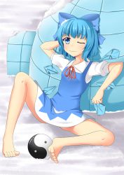 Rule 34 | 1girl, 3:, 3;, ;(, against wall, barefoot, blue eyes, blue hair, blush, bow, cirno, collared shirt, dress, feet, frown, hair bow, headpat, ice, ice wings, igloo, kyouran, large bow, legs, looking at viewer, matching hair/eyes, one eye closed, orb, shirt, short hair, sitting, snow, snow shelter, solo, spread legs, toes, touhou, wings, yin yang