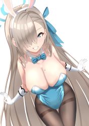 Rule 34 | 1girl, absurdres, animal ears, aqua bow, aqua bowtie, aqua eyes, aqua leotard, aqua ribbon, asuna (blue archive), asuna (bunny) (blue archive), bare shoulders, blue archive, bow, bowtie, breasts, cleavage, clenched teeth, collarbone, commentary, covered navel, cowboy shot, detached collar, eyelashes, fake animal ears, forehead, gloves, hair over one eye, hair ribbon, halo, highleg, highleg leotard, highres, kevin5573, large breasts, leotard, looking at viewer, mole, mole on breast, official alternate costume, open mouth, pantyhose, parted bangs, platinum blonde hair, playboy bunny, ribbon, simple background, solo, strapless, strapless leotard, teeth, thigh gap, thigh strap, traditional bowtie, white background, white gloves