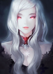 1girl albino choker female_focus glowing glowing_eyes highres lips long_hair md5_mismatch original pale_skin parted_lips patipat_asavasena portrait red_eyes sidelocks snowflakes solo white_hair