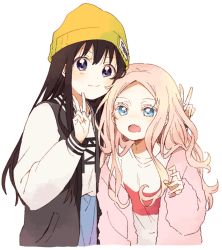 Rule 34 | 2girls, :o, arm behind back, beanie, black hair, black jacket, blue eyes, character request, cheek press, chin rest, fang, futari escape, hair down, hat, head on head, head rest, highres, jacket, long hair, looking at viewer, multiple girls, namori, pink hair, pink sweater, purple eyes, shirt, simple background, skin fang, smile, striped clothes, striped shirt, sweater, v, v-neck, white background, white shirt, white sleeves, yellow headwear