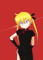 Rule 34 | 1girl, arm behind back, black dress, black gloves, black ribbon, blonde hair, china dress, chinese clothes, dot nose, dress, elbow gloves, gloves, hair ribbon, hand on own hip, highres, kill me baby, long hair, looking at viewer, morinaka hajime, purple eyes, ribbon, side slit, smile, solo, sonya (kill me baby), standing, twintails, v-shaped eyebrows