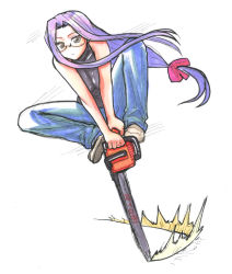 Rule 34 | 1girl, chainsaw, fate/stay night, fate (series), glasses, grey eyes, hair ribbon, kikuta, long hair, low-tied long hair, medusa (fate), medusa (rider) (fate), parody, purple hair, ribbon, riding, sleeveless, solo, square pupils, v arms, very long hair, what, white background
