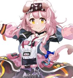 Rule 34 | 1girl, ahoge, animal ears, arknights, black collar, black hairband, black skirt, blue jacket, blush, braid, cat ears, cat girl, cat tail, collar, fang, floppy ears, goldenglow (arknights), hair ornament, hairband, hairclip, highres, id card, jacket, jannong, lightning bolt print, long hair, long sleeves, looking at viewer, multicolored clothes, multicolored jacket, open clothes, open jacket, pink hair, pink jacket, scissors, shirt, simple background, skin fang, skirt, solo, tail, two-tone jacket, upper body, white background, white shirt, yellow eyes