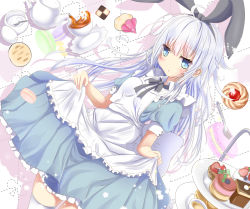 Rule 34 | 1girl, alternate costume, animal ears, apron, aruka (alka p1), blue eyes, cake, commentary request, fake animal ears, food, fruit, hair between eyes, hibiki (kancolle), kantai collection, long hair, maid, maid apron, open mouth, puffy short sleeves, puffy sleeves, rabbit ears, short sleeves, silver hair, snack, solo, strawberry, verniy (kancolle), white apron