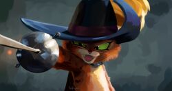 Rule 34 | 1boy, animal nose, arm up, artist name, black cape, cape, cat boy, cavalier hat, fangs, feathers, furry, furry male, green eyes, hat, hat feather, highres, holding, holding sword, holding weapon, looking at viewer, ocado7, open mouth, orange cat, orange fur, puss in boots, puss in boots: the last wish, puss in boots (shrek), signature, simple background, solo, standing, sword, weapon, yellow feathers