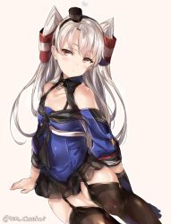 Rule 34 | 1girl, alternate costume, amatsukaze (kancolle), black skirt, black thighhighs, blue shirt, breasts, cleavage, cosplay, garter straps, gloves, hair tubes, johnston (kancolle), johnston (kancolle) (cosplay), juurouta, kantai collection, long hair, off shoulder, pleated skirt, sailor collar, school uniform, serafuku, shirt, silver hair, single glove, skirt, smokestack, solo, thighhighs, twitter username, two side up, united states medal of honor