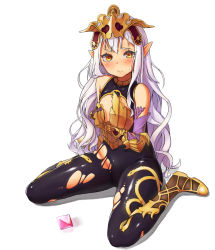 Rule 34 | 10s, 1girl, agnam ore, armor, bad id, bad pixiv id, bare shoulders, blush, bodystocking, bodysuit, cleavage cutout, clothing cutout, covering privates, covering breasts, elbow gloves, full body, gem, gloves, gold trim, granblue fantasy, headpiece, highres, long hair, looking at viewer, medusa (shingeki no bahamut), no panties, orange eyes, pointy ears, shadowverse, shingeki no bahamut, silver hair, simple background, sitting, skin tight, solo, tiara, torn clothes, very long hair, wariza, wavy hair, white background, wide hips