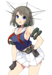 Rule 34 | 10s, 1girl, black gloves, blue eyes, blush, breasts, brown hair, gloves, hand on own hip, headgear, kantai collection, large breasts, looking at viewer, maya (kancolle), open mouth, personification, school uniform, serafuku, short hair, sideboob, simple background, skirt, solo, wara (warapro), white background
