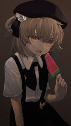 Rule 34 | 1girl, absurdres, beret, black hat, black ribbon, black skirt, brown background, brown eyes, brown hair, collared shirt, fang, flower, food, hair rings, hat, hatoba tsugu, highres, holding, holding food, holding popsicle, looking at viewer, medium hair, mole, mole under eye, open mouth, popsicle, relvetic, ribbon, rose, shirt, skirt, solo, suspender skirt, suspenders, sweat, tsugu (vtuber), upper body, virtual youtuber, watermelon bar, white flower, white rose, white shirt