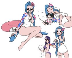 Rule 34 | absurdres, arcane: league of legends, artist name, ass, bare shoulders, bikini, blue hair, braid, breasts, flat chest, highres, jinx (league of legends), league of legends, long hair, looking at viewer, one-piece swimsuit, open mouth, pink eyes, selfie, small breasts, smile, swimsuit, tattoo, teeth, twin braids, twintails, very long hair, vi (league of legends)