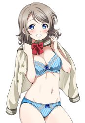 Rule 34 | 10s, 1girl, blue bra, blue eyes, blue panties, blush, bow, bow bra, bow panties, bowtie, bra, breasts, brown hair, cleavage, cowboy shot, grin, groin, hair ornament, highres, light brown hair, looking at viewer, love live!, love live! sunshine!!, medium breasts, midriff, navel, panties, red bow, red bowtie, sankuro (agoitei), shirt, short hair, simple background, smile, solo, underwear, undressing, watanabe you, white background