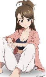 Rule 34 | 1girl, amaretto (girls und panzer), artist name, asymmetrical bangs, barefoot, black shirt, blazer, breasts, brown eyes, brown hair, bukkuri, casual, cleavage, closed mouth, commentary, crop top, dated, girls und panzer, half updo, jacket, long hair, looking at viewer, medium breasts, open clothes, open jacket, pants, pink jacket, shadow, shirt, signature, simple background, sitting, sleeves rolled up, smile, solo, white background, white pants