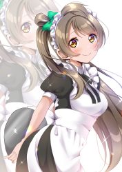 Rule 34 | 1girl, :&gt;, apron, arms behind back, black dress, black necktie, blush, bow, brown hair, commentary request, dress, frilled apron, frills, green bow, hair bow, hair rings, highres, holding, holding tray, long hair, looking at viewer, love live!, maid, maid headdress, minami kotori, necktie, one side up, panda copt, puffy short sleeves, puffy sleeves, short sleeves, sidelocks, simple background, smile, solo, tray, upper body, white apron, white background, yellow eyes