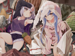 Rule 34 | 2girls, alternate costume, anzi, arm up, armpits, bare legs, black jacket, black shorts, blue hair, blush, breasts, carrot, casual, closed mouth, commentary, english commentary, hair down, highres, hololive, hood, hood up, hoodie, jacket, light blue hair, long hair, looking at viewer, medium breasts, midriff, mixed-language commentary, multicolored hair, multiple girls, murasaki shion, navel, open clothes, open jacket, orange eyes, pillow, pink hoodie, plaid, purple tank top, red ribbon, ribbon, short shorts, shorts, sitting, sleeveless, streaked hair, tank top, thick eyebrows, thighs, two-sided fabric, two-sided jacket, two-tone hair, usada pekora, virtual youtuber, wariza, white hair