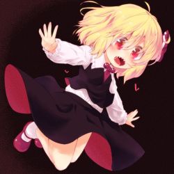 Rule 34 | 1girl, bare legs, black background, black skirt, black vest, blonde hair, commentary request, dress shirt, floating, hair ribbon, long sleeves, mary janes, necktie, outstretched arms, razy (skuroko), red eyes, red footwear, red neckwear, red ribbon, ribbon, rumia, sharp teeth, shirt, shoes, short hair, skirt, socks, teeth, touhou, vest, white shirt, wing collar