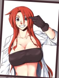 Rule 34 | 1girl, aqua eyes, blue eyes, braid, breasts, cleavage, dirty, female focus, gloves, grin, hong meiling, huge breasts, long hair, looking at viewer, navel, neko majin, open clothes, open mouth, open shirt, red hair, shirt, sleeves pushed up, smile, solo, touhou, twin braids
