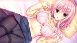 Rule 34 | 1girl, bed sheet, black skirt, blush, bow, bow bra, bra, breasts, clothes lift, crotch seam, floral print, from above, game cg, glasses, gluteal fold, green eyes, jewelry, lace, lace-trimmed bra, lace trim, large breasts, light frown, long sleeves, looking at viewer, lying, navel, necklace, on back, on bed, panties, panties under pantyhose, pantyhose, parted lips, pink bra, pink hair, print skirt, rectangular eyewear, rimless eyewear, shirt, shirt lift, short hair, skirt, skirt lift, solo, takatsuka chitose, thigh gap, thighband pantyhose, underwear, utsunomiya tsumire, w arms, wagamama high spec, yellow shirt