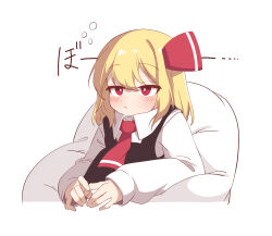 Rule 34 | 1girl, ascot, black vest, blonde hair, blush, closed mouth, collared shirt, commentary request, hair ribbon, highres, long sleeves, medium hair, oyatu potage, red ascot, red eyes, red ribbon, ribbon, rumia, shirt, simple background, sitting, solo, touhou, translation request, upper body, vest, white background, white shirt