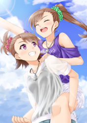 Rule 34 | 2girls, ^ ^, barefoot, brown hair, carrying, closed eyes, cloud, day, closed eyes, futami ami, futami mami, grin, idolmaster, idolmaster (classic), jewelry, long hair, miri (ago550421), multiple girls, necklace, open mouth, piggyback, pink eyes, purple eyes, puzzle piece, scrunchie, see-through, siblings, side ponytail, sisters, sky, smile, toes, twins