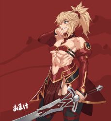 Rule 34 | 1girl, bare shoulders, blonde hair, blood, blood on hands, blush, braid, breasts, clarent (fate), covered erect nipples, fate (series), french braid, green eyes, grin, hair ornament, hair scrunchie, highres, holding, holding sword, holding weapon, long hair, mikoyan, mordred (fate), muscular, muscular female, navel, open mouth, ponytail, red background, red scrunchie, revision, scrunchie, sidelocks, simple background, small breasts, smile, sword, teeth, translated, weapon, wiping face