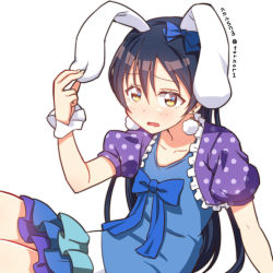 Rule 34 | 1girl, animal ears, blue hair, blush, commentary request, earrings, hair between eyes, jewelry, long hair, looking at viewer, love live!, love live! school idol festival, love live! school idol project, rabbit ears, simple background, skull573, solo, sonoda umi, white background, yellow eyes