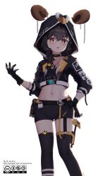 Rule 34 | 1girl, absurdres, bird, black gloves, black hair, black jacket, black thighhighs, chain, choker, commission, cropped jacket, gloves, highres, hood, hood up, hooded jacket, jacket, jewelry, krita (medium), linux, looking at viewer, necklace, os-tan, penguin, pixiv commission, raviolimavioli, solo, thighhighs, transparent background, tux, yellow eyes