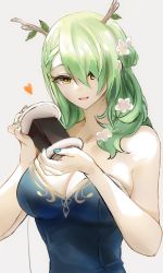 Rule 34 | 1girl, antlers, bare shoulders, binaural microphone, blue dress, braid, braided bangs, branch, breasts, ceres fauna, cleavage, dress, green hair, hair between eyes, hair ornament, heart, highres, hololive, hololive english, horns, large breasts, long hair, microphone, nail polish, open mouth, side braid, single braid, solo, strapless, strapless dress, tommy (kingdukeee), virtual youtuber, white background, yellow eyes