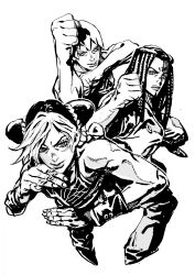 Rule 34 | 3girls, arms up, bare shoulders, braid, braided ponytail, clenched hands, closed mouth, commentary request, double bun, dreadlocks, ermes costello, eyelashes, foo fighters (jojo), greyscale, hair bun, halterneck, highres, jojo no kimyou na bouken, kuujou jolyne, long hair, looking at viewer, monochrome, multiple girls, nobita (makoto7060355), overalls, pants, parted lips, patch, photo-referenced, raised fist, serious, shirt, shoes, short hair, simple background, sleeveless, sleeveless shirt, stone ocean, wristband